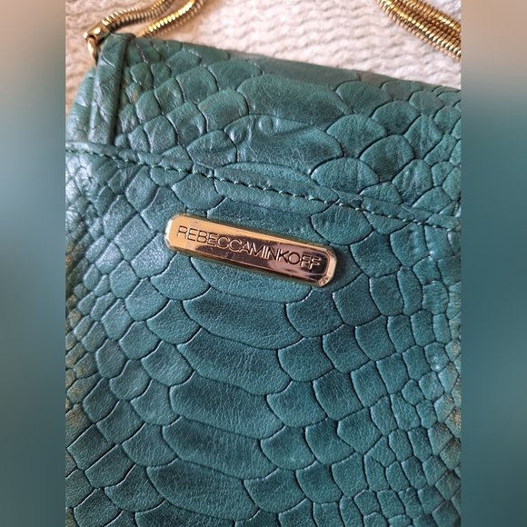 REBECCA MINKOFF Green Croco Print Leather Button Studded Crossbody Phone Bag - Picture 3 of 7
